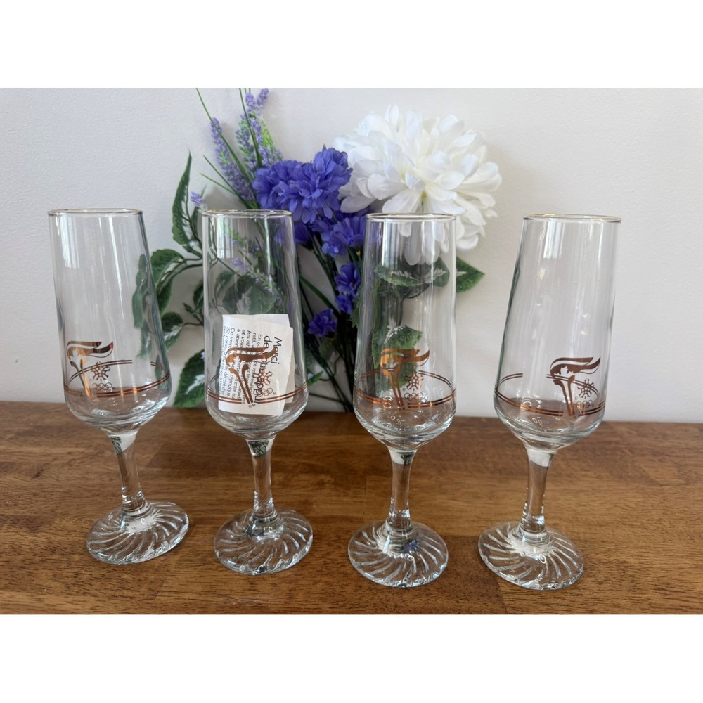 Vintage Calgary 1988 Winter Olympics Champagne Flutes Gold Rim Set Collectible
